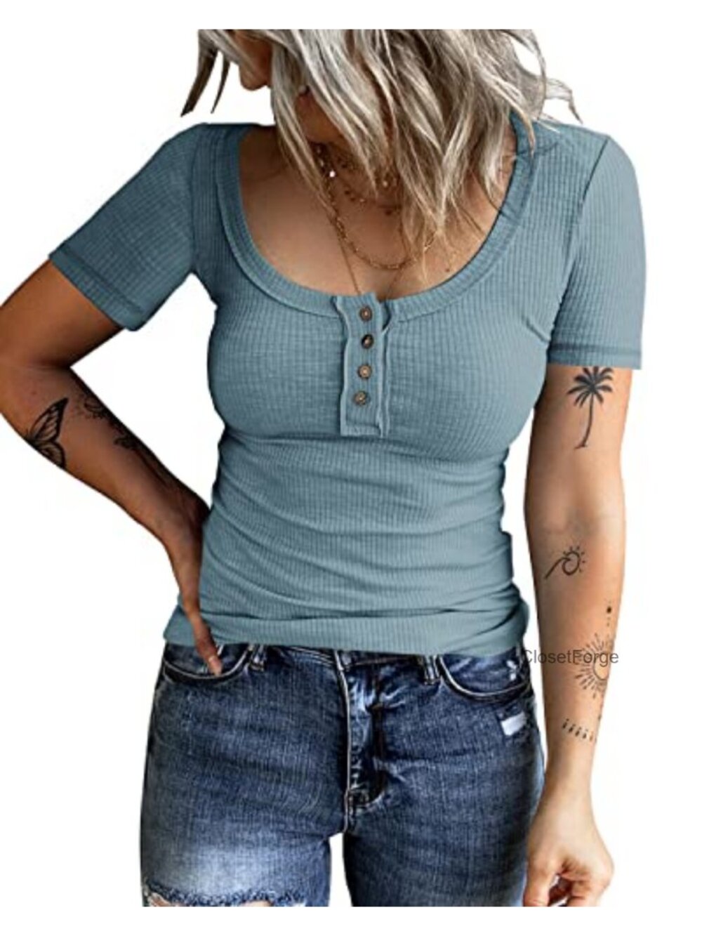 Women's Henley Tunic Tops Short Sleeve Button Down Ribbed Knit Blouse Slim Fit
